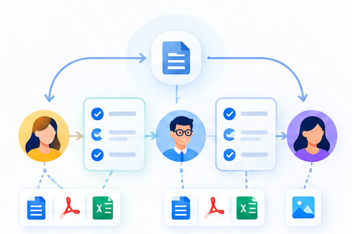 A document moving through people, tasks, and files